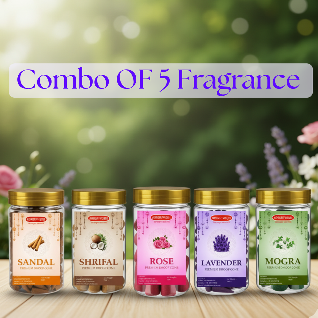 Amrutvayu Combo of 5 Fragrance Dhoop Cones 120gm Each | Lavender Mogra Sandal Rose Shreefal