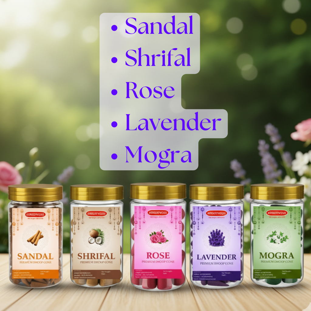 Amrutvayu Combo of 5 Fragrance Dhoop Cones 120gm Each | Lavender Mogra Sandal Rose Shreefal