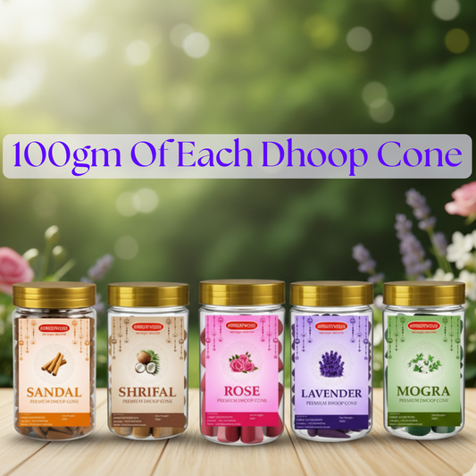 Amrutvayu Combo of 5 Fragrance Dhoop Cones 100gm Each | Lavender Mogra Sandal Rose Shreefal