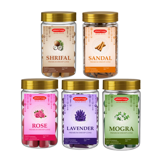 Amrutvayu Combo of 5 Fragrance Dhoop Cones 100gm Each | Lavender Mogra Sandal Rose Shreefal